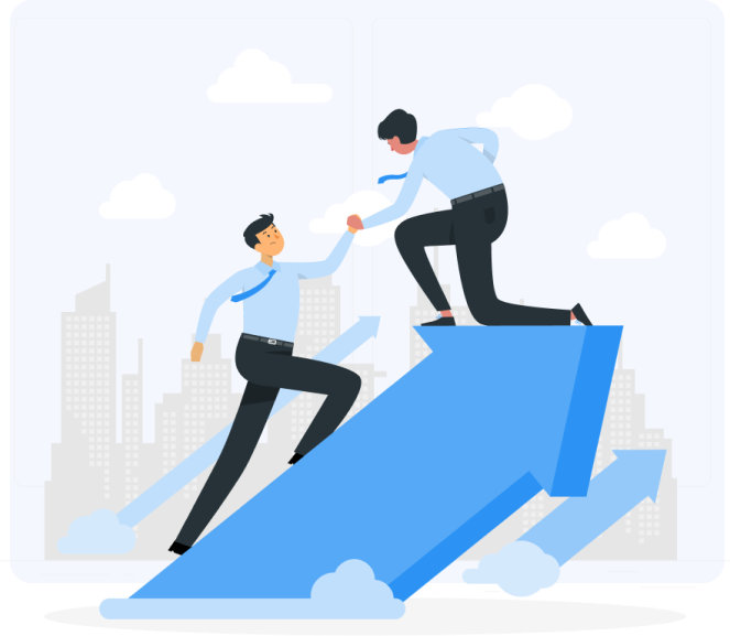 An illustration showing one man helping another climb the arrow of success - symbolizing Growth-X helping B2B companies get LinkedIn Leads