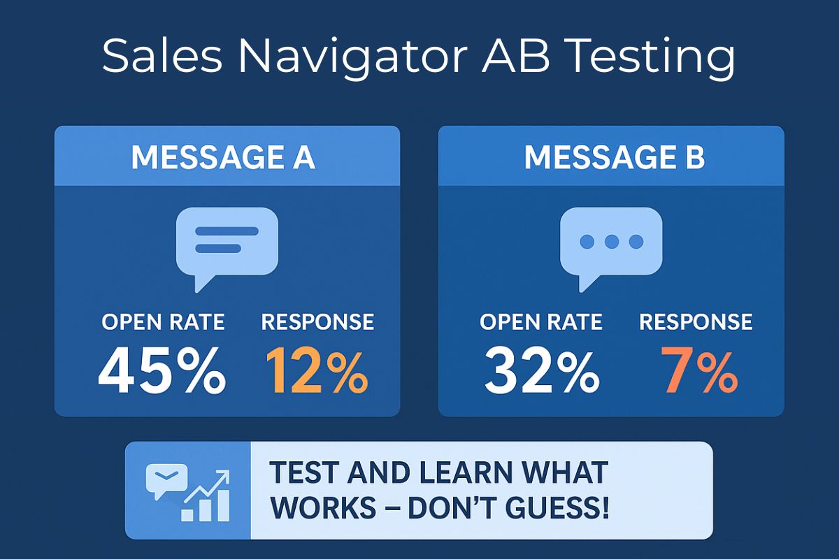 Infographic comparing two LinkedIn Sales Navigator message tests. Message A shows a 45% open rate and 12% response rate, while Message B shows a 32% open rate and 7% response rate. A callout box below reads: 'Test and learn what works – don’t guess!