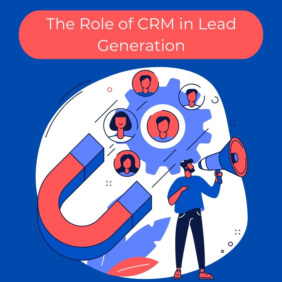Illustration of CRM and lead generation featuring a magnet attracting user profiles, a gear symbolizing processes, and a person with a megaphone.