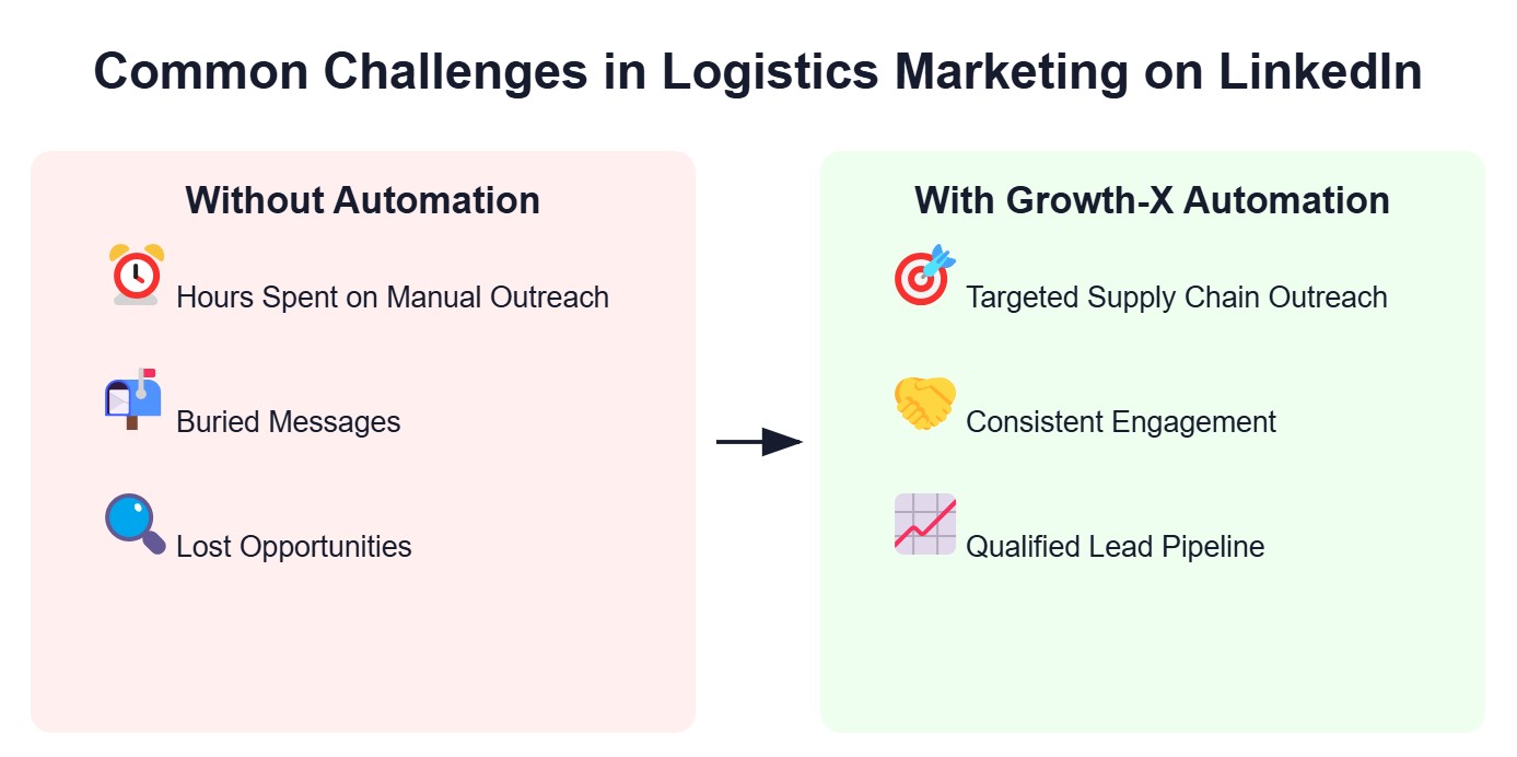 A graph showing common challenges logistics companies have with LinkedIn marketing, with their solutions when hiring experts: Hours Spent on Manual Outreach → Targeted Supply Chain Outreach Buried Messages → Consistent Engagement Lost Opportunities → Qualified Lead Pipeline