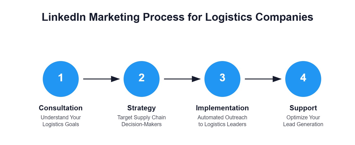 The graph explaining the process of LinkedIn marketing for logistics companies: Consultation - Understand Your Logistics Goals Strategy - Target Supply Chain Decision-Makers Implementation - Automated Outreach to Logistics Leaders Support - Optimize Your Lead Generation