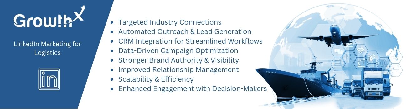 Growth-X LinkedIn Marketing for Logistics – Key benefits listed, including targeted industry connections, automated outreach, CRM integration, and scalability. Featuring a logistics-themed background with transportation elements such as an airplane, cargo ship, and trucks.