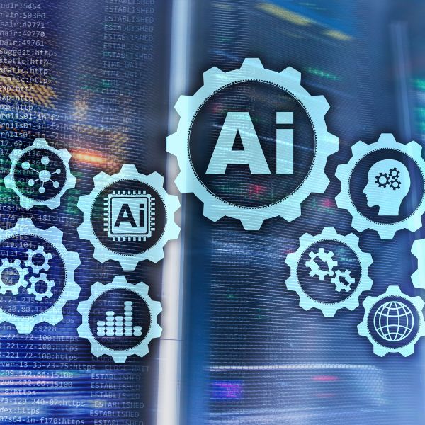 Digital gears with AI icons and technology symbols overlaid on computer code and data, representing AI integration in B2B sales and automation.