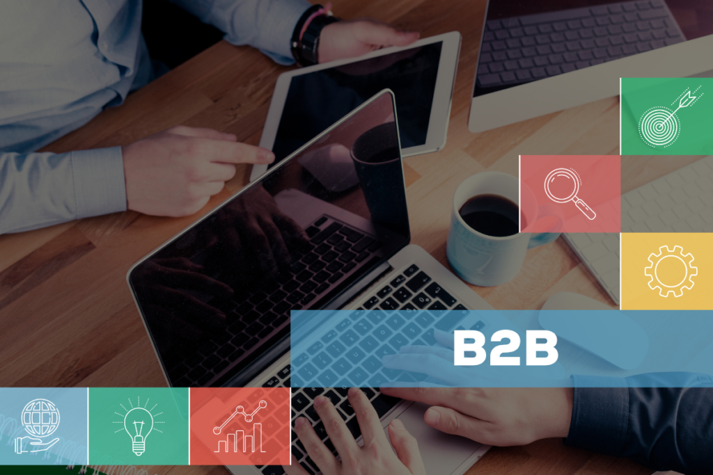 Business professionals using laptops and tablets for B2B strategy planning, representing LinkedIn lead generation for the B2B market.