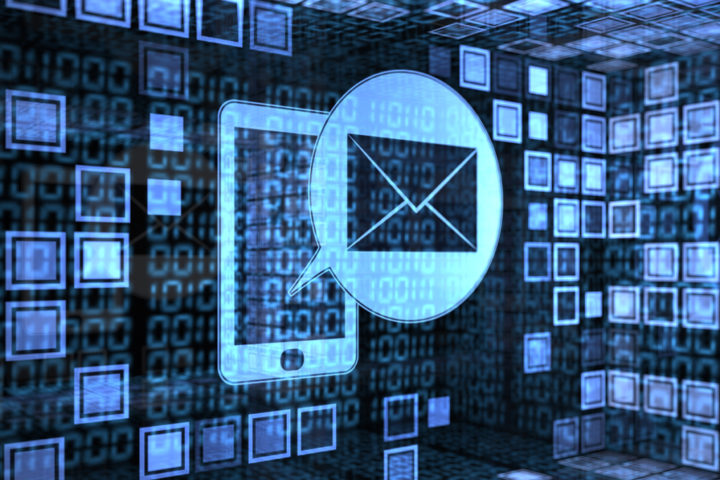 Digital illustration of a smartphone and email icon surrounded by binary code, representing automated communication and bulk messaging on LinkedIn.