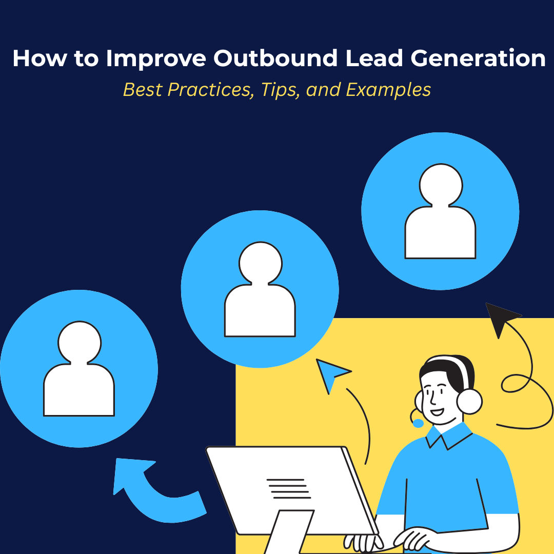 Illustration of a customer service representative at a computer with headset, surrounded by user icons and arrows, symbolizing outbound lead generation and communication strategy.